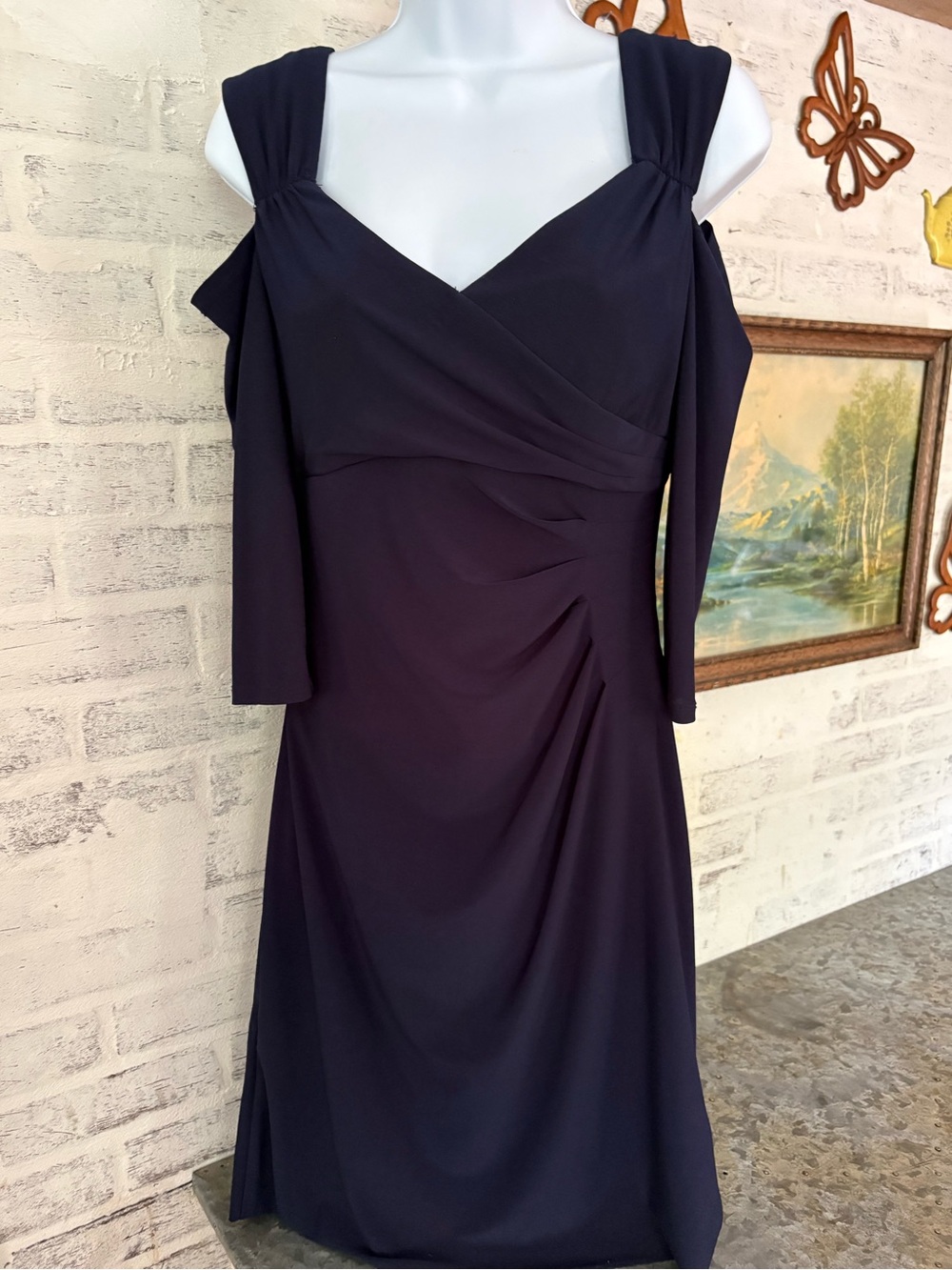 navy blue R&M Richards dress flattering peak a boo sleeves